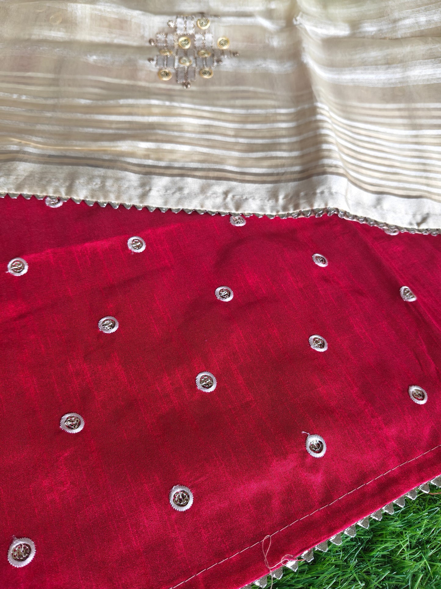light beige tissue Silk with contrast red blouse