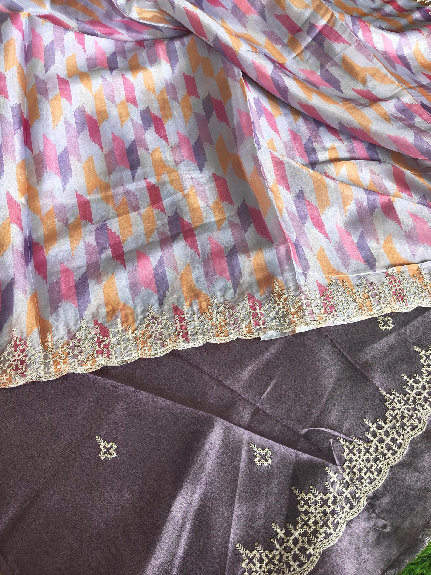 Multicolored Italian satin crepe Silk with contrast blouse Saree