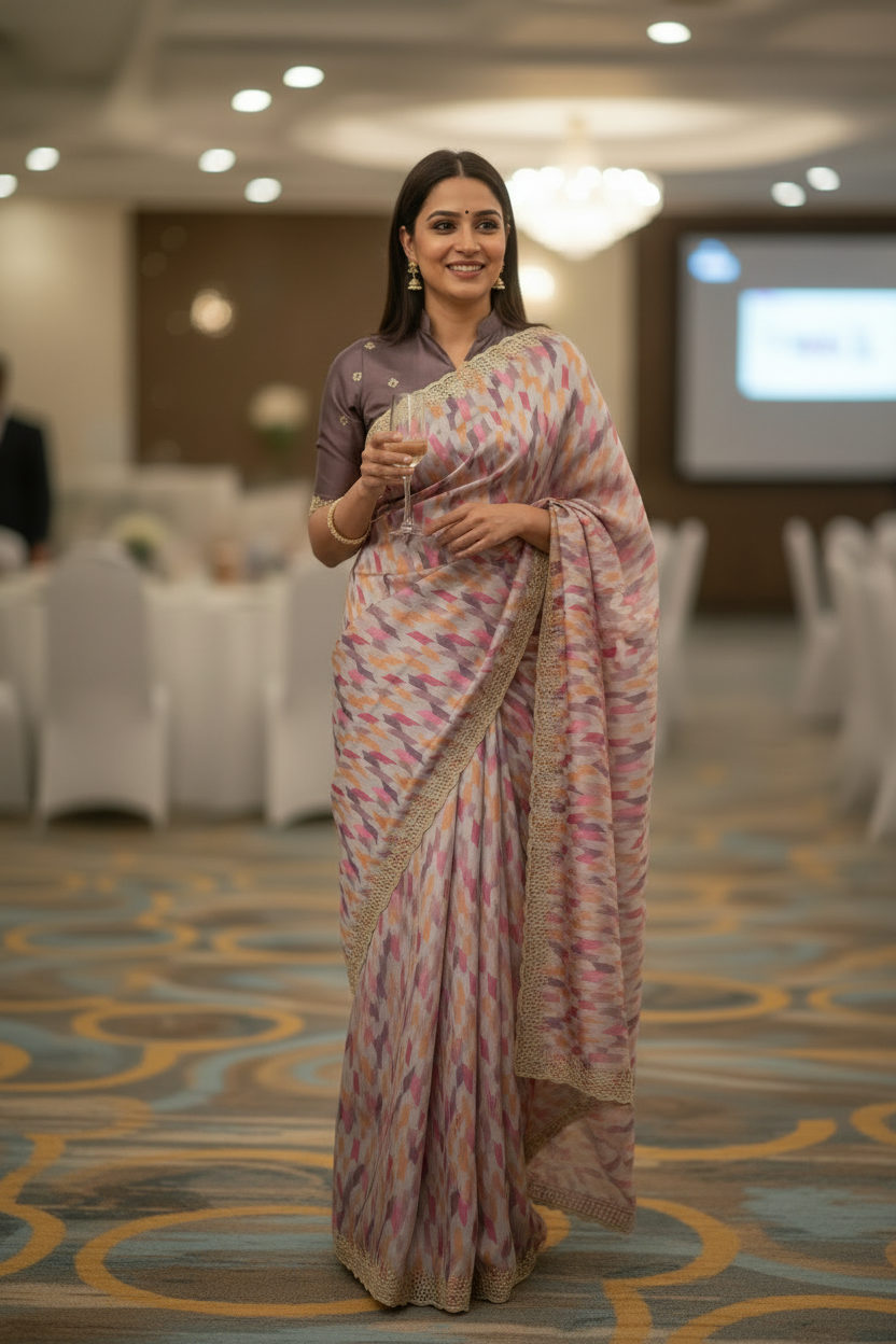 Multicolored Italian satin crepe Silk with contrast blouse Saree