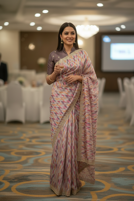 Multicolored Italian satin crepe Silk with contrast blouse Saree