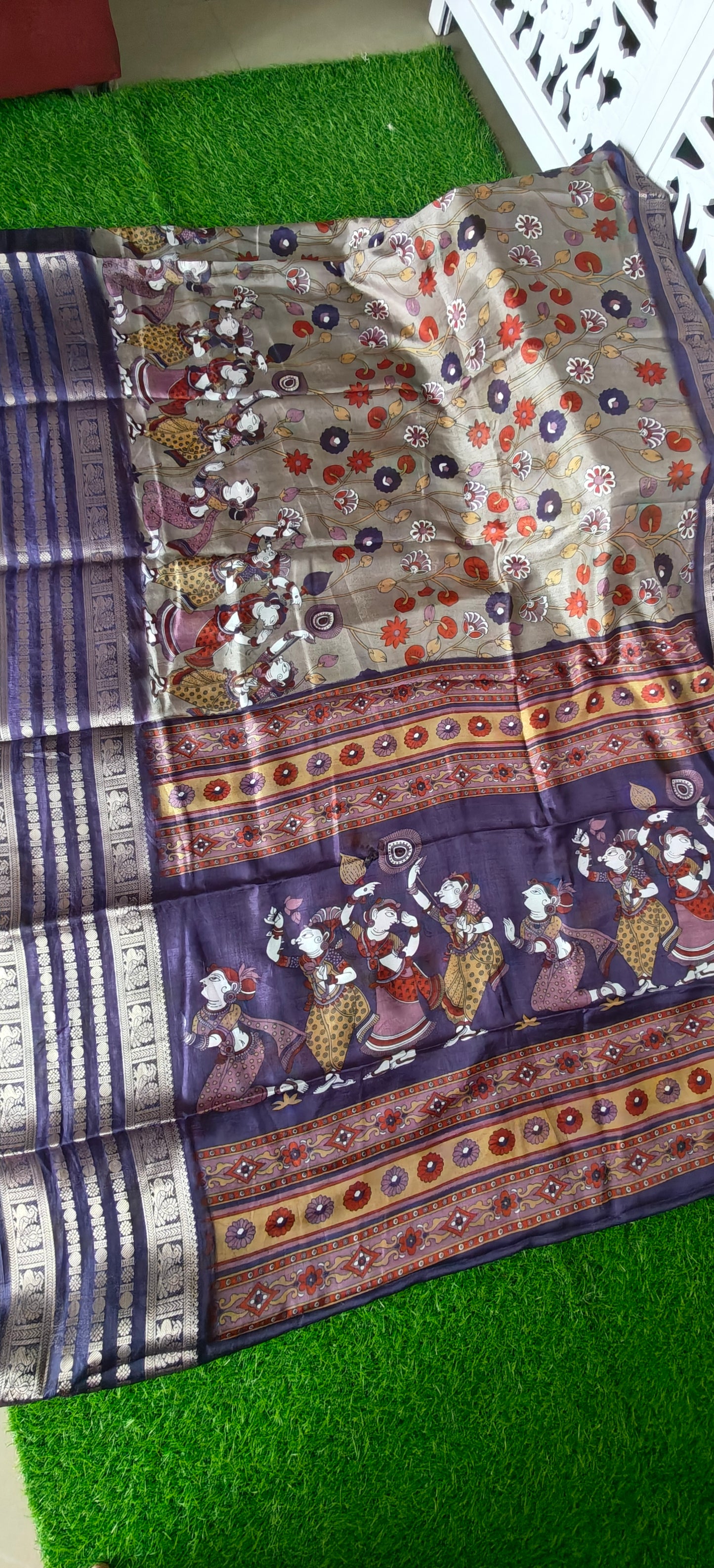 Purple Kalamkari Print Semi Crepe Silk
