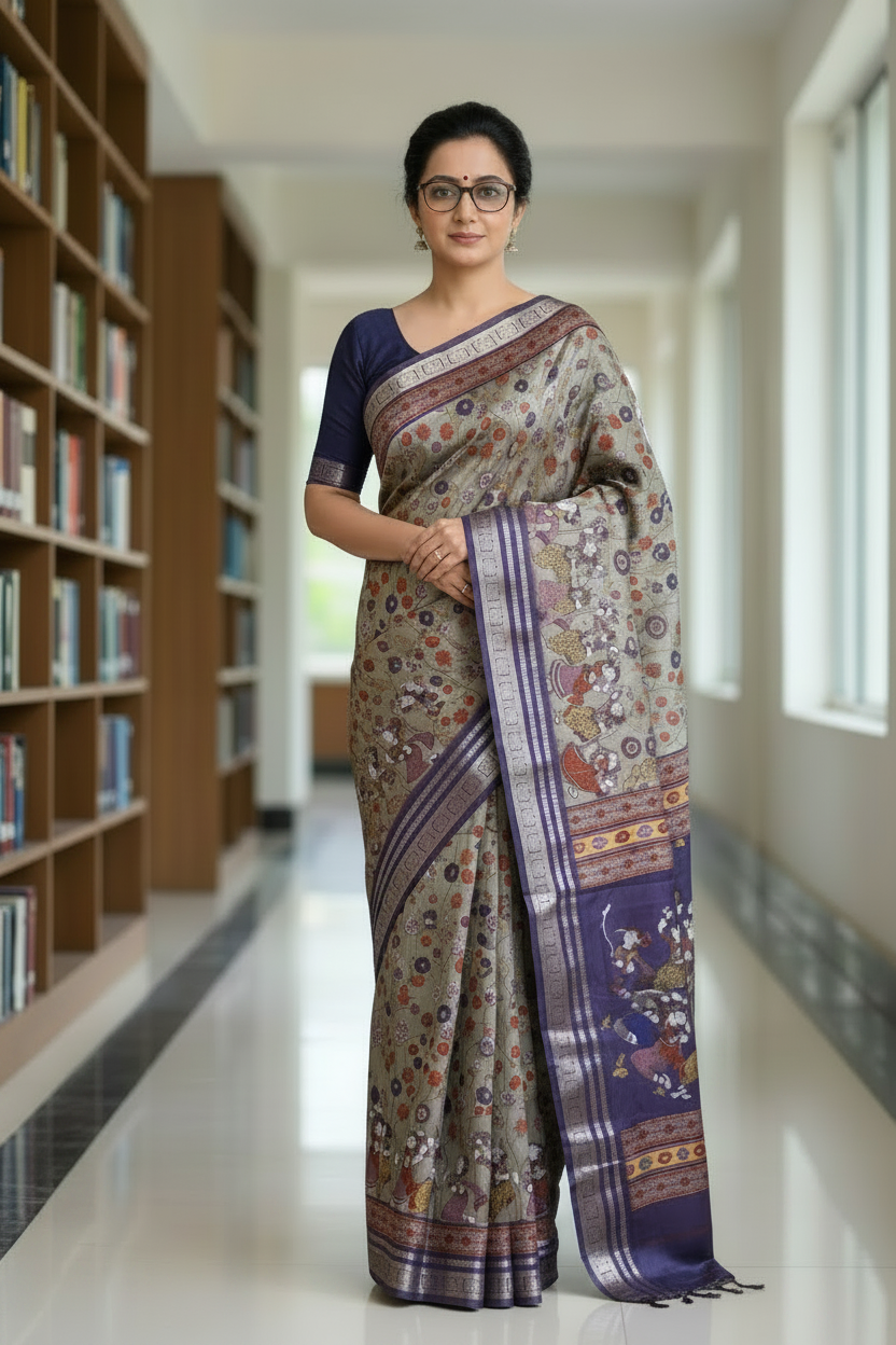 Purple Kalamkari Print Semi Crepe Silk