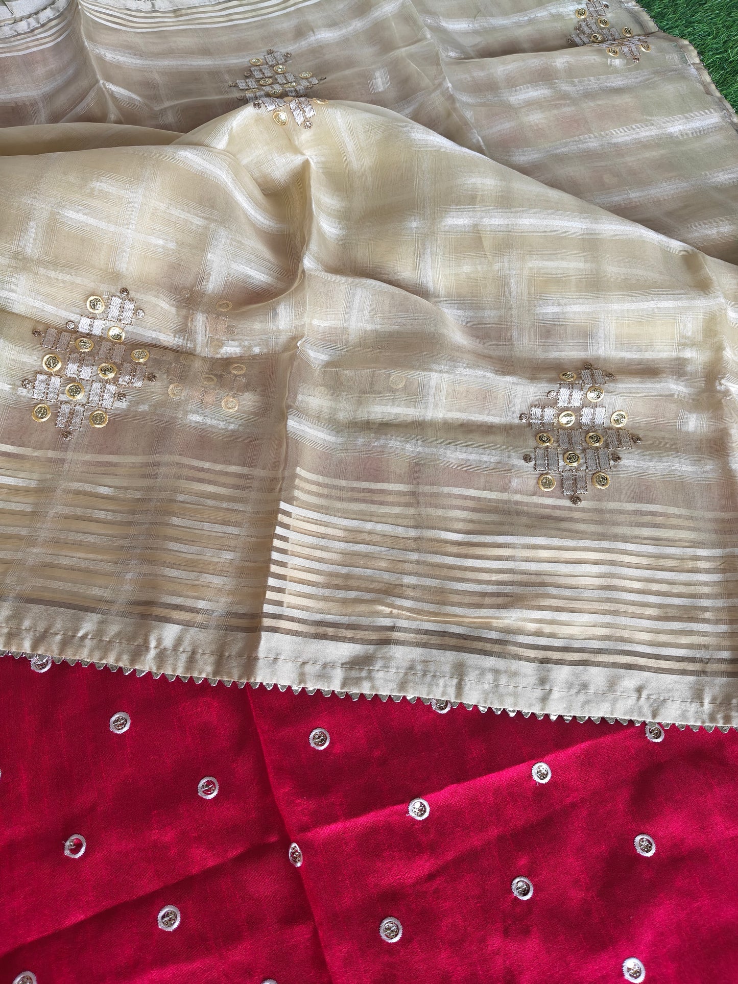 light beige tissue Silk with contrast red blouse