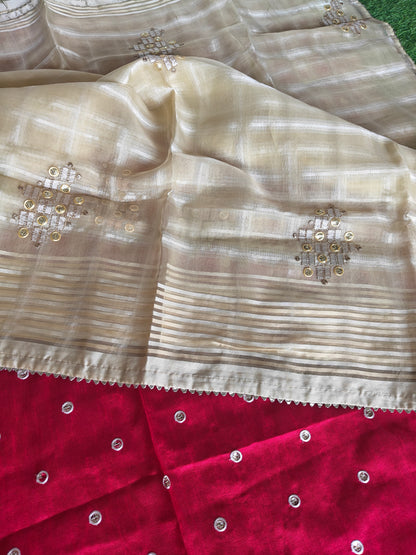 light beige tissue Silk with contrast red blouse