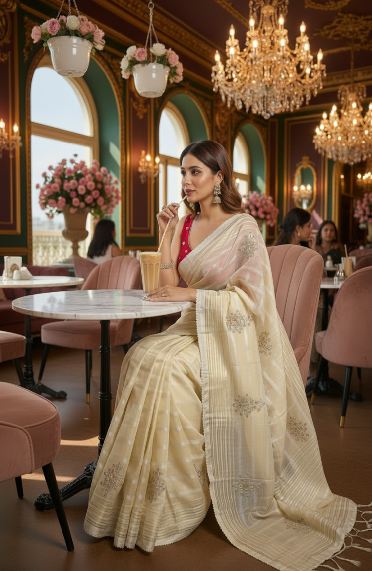 light beige tissue Silk with contrast red blouse