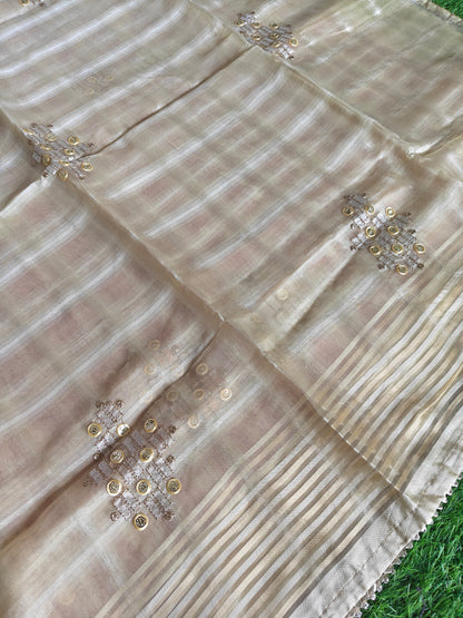 light beige tissue Silk with contrast red blouse