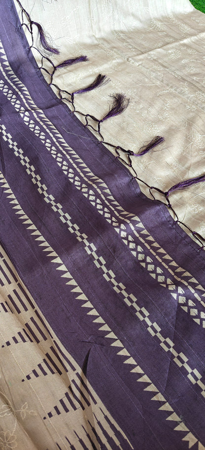 Cream Self Thread Embroidered Soft Silk Saree with Contrast Border
