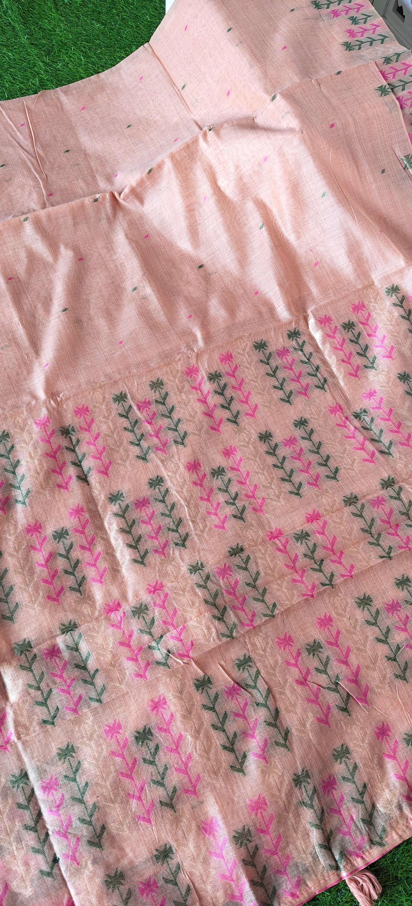 Peach Embroidered  Cotton Saree