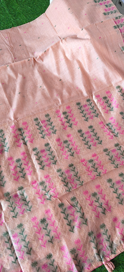 Peach Embroidered  Cotton Saree
