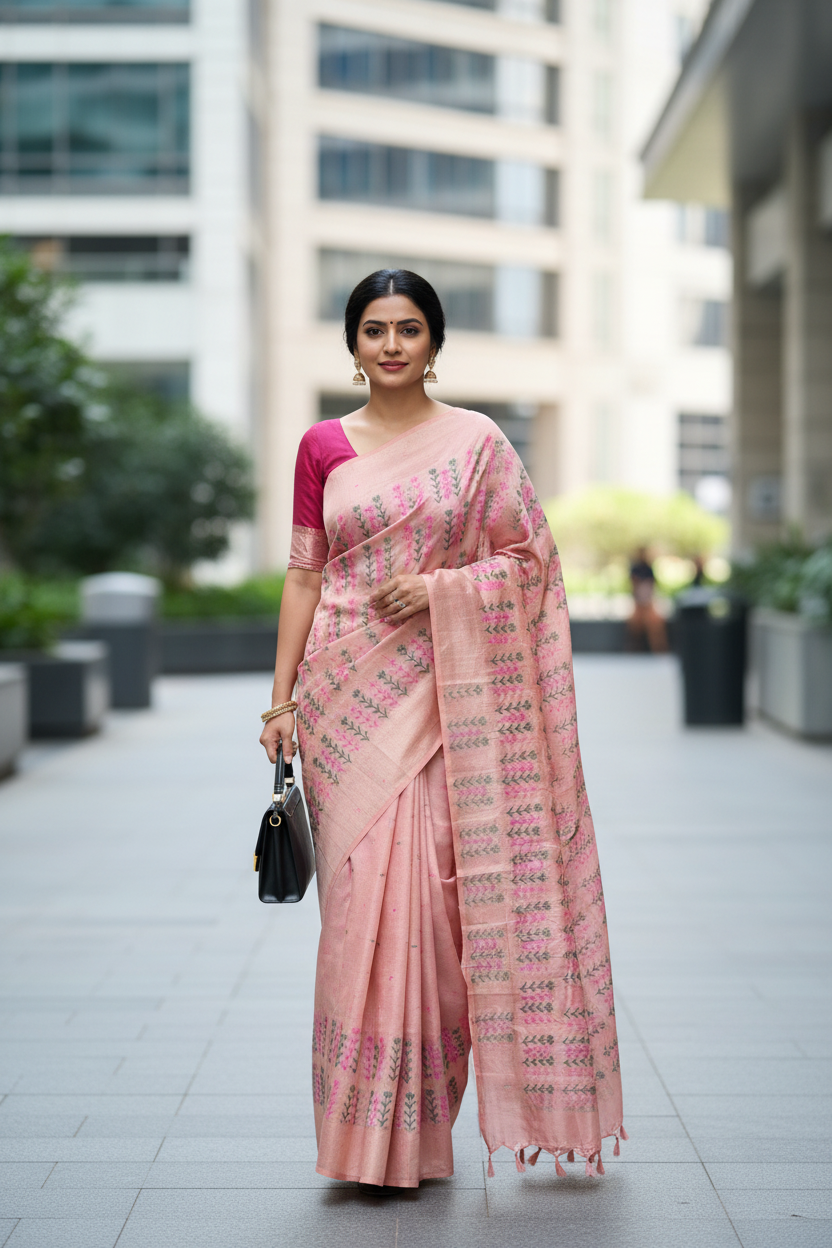 Peach Embroidered  Cotton Saree