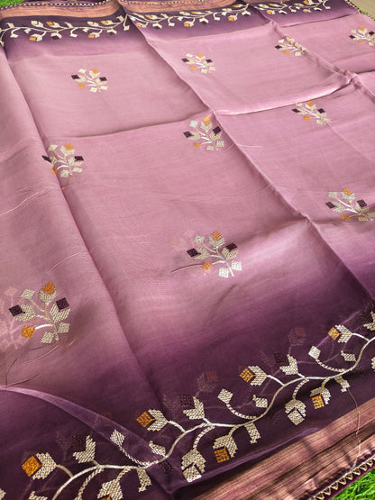 Double shaded dark wine & light wine color soft net thread embroidered saree