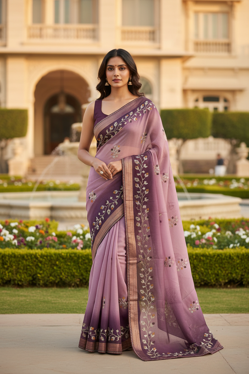 Double shaded dark wine & light wine color soft net thread embroidered saree