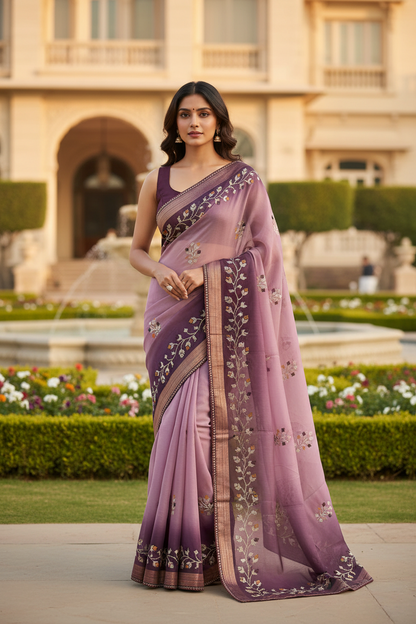 Double shaded dark wine & light wine color soft net thread embroidered saree