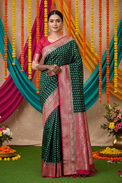 Green Georgette Banarasi Silk Saree with Contrast Border & Small Motifs