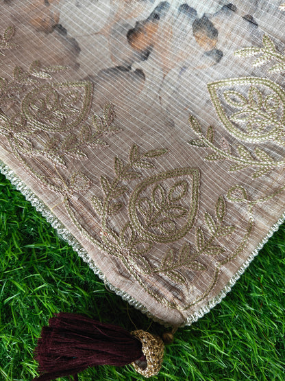 Earthy Brown Kota Cotton Silk Printed Saree with Zari Thread Embroidery & Contrast Blouse