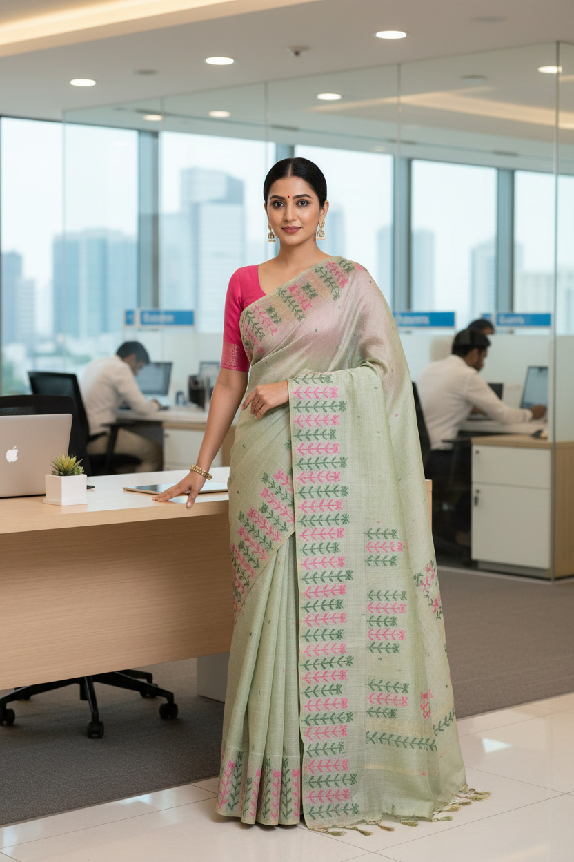 Thread Embroidered Cotton  Saree