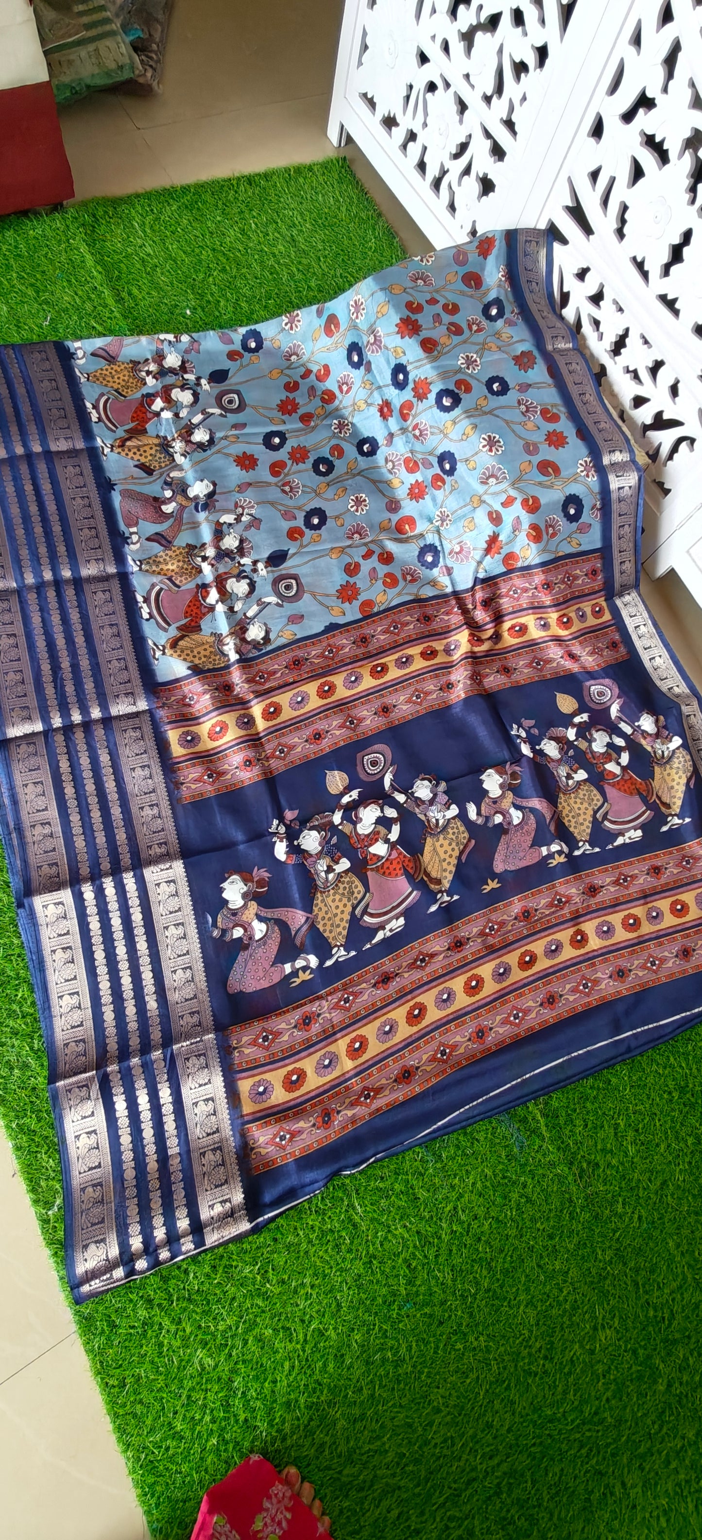 Blue Kalamkari Print Semi Crepe Silk