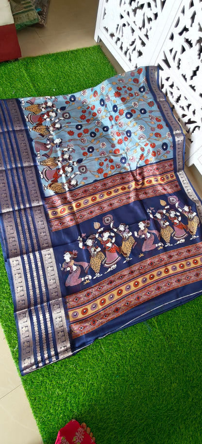 Blue Kalamkari Print Semi Crepe Silk