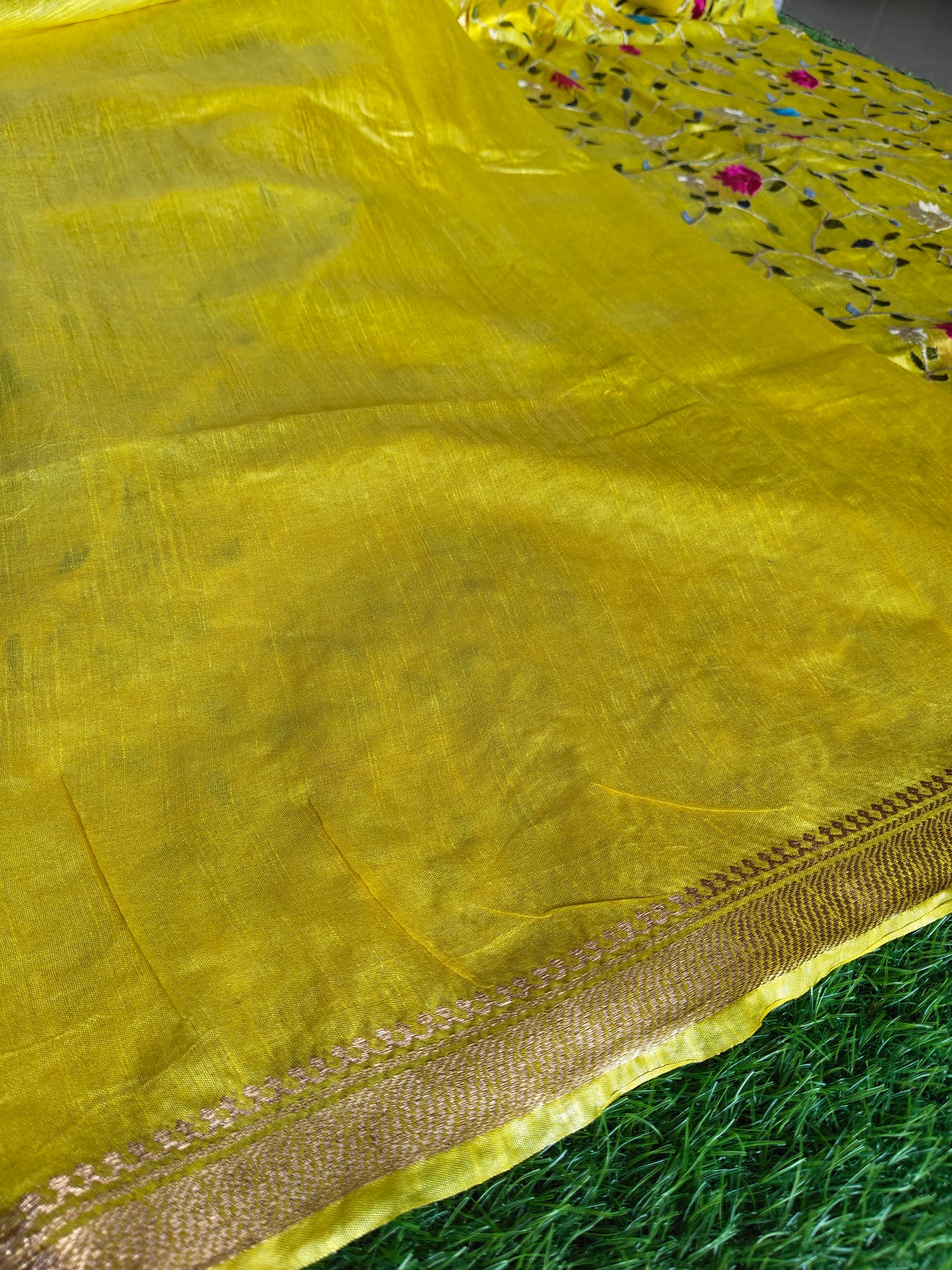 Yellow colour Tusser silk multi colour thread embroidered (Copy)