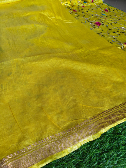 Yellow colour Tusser silk multi colour thread embroidered (Copy)