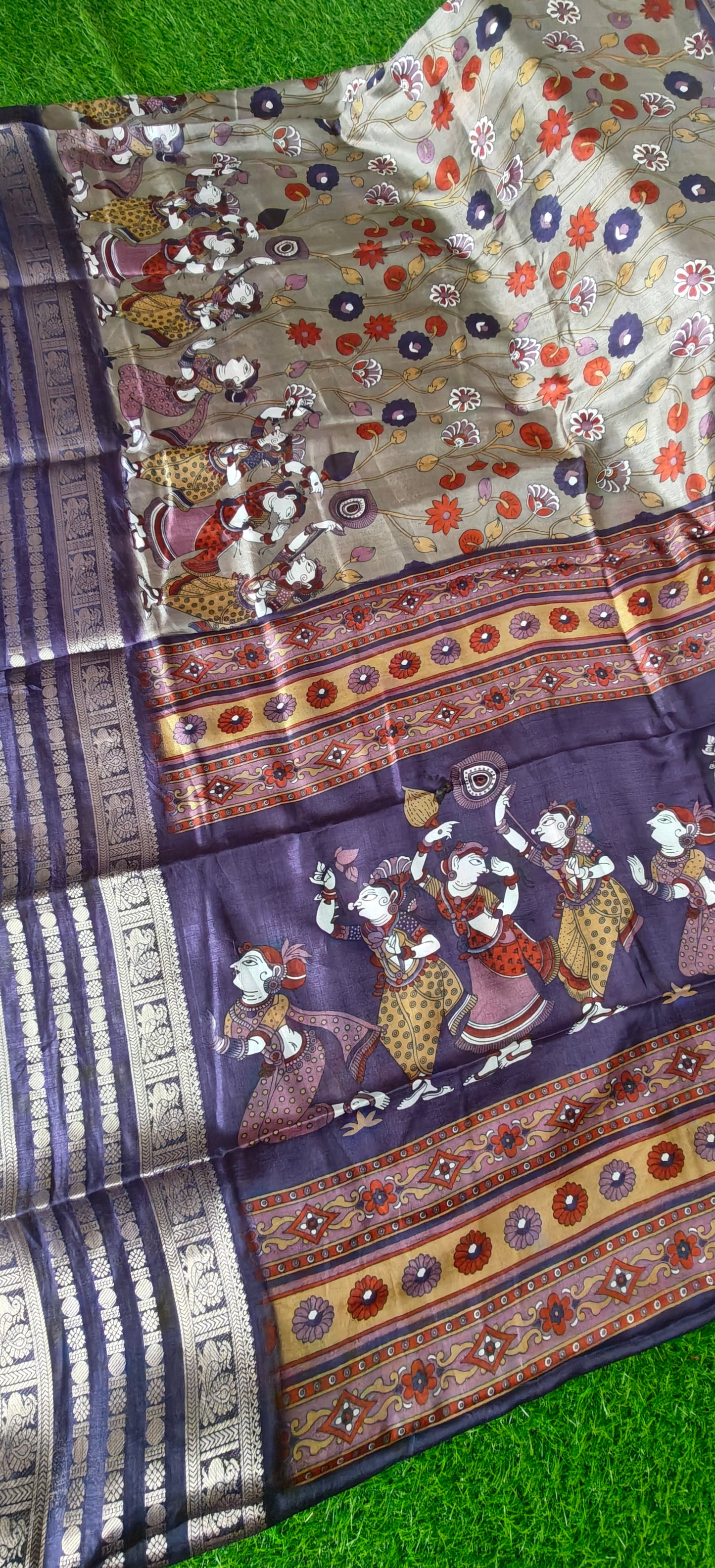 Purple Kalamkari Print Semi Crepe Silk